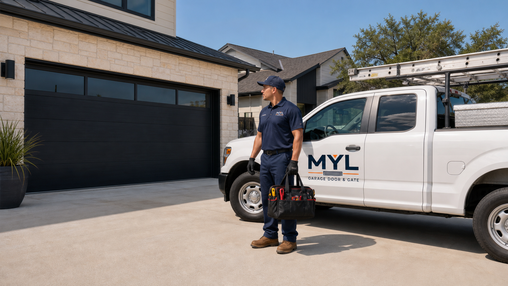 Illustrative MYL-branded technician and service truck beside a garage door