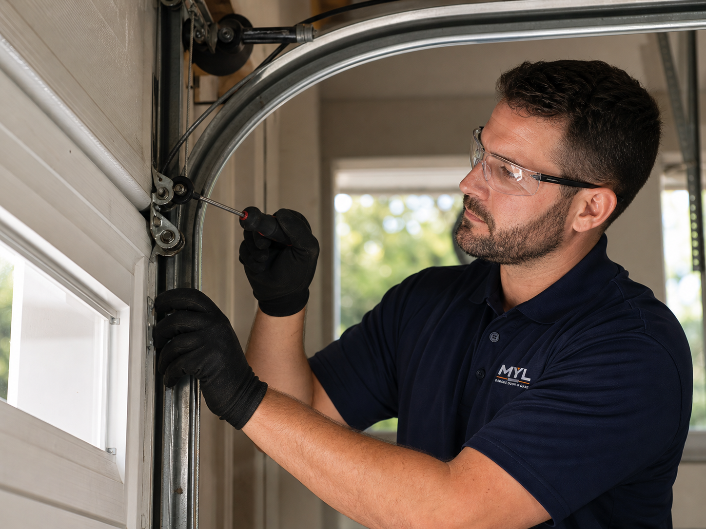 Illustrative MYL-branded technician inspecting garage door track hardware
